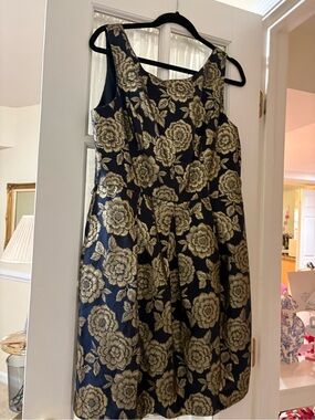 Eliza J Black and Gold Floral Fit-and-Flare Dress